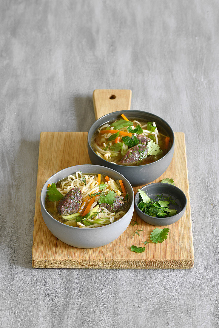 Ramen vegetable soup with herb tatar dumplings