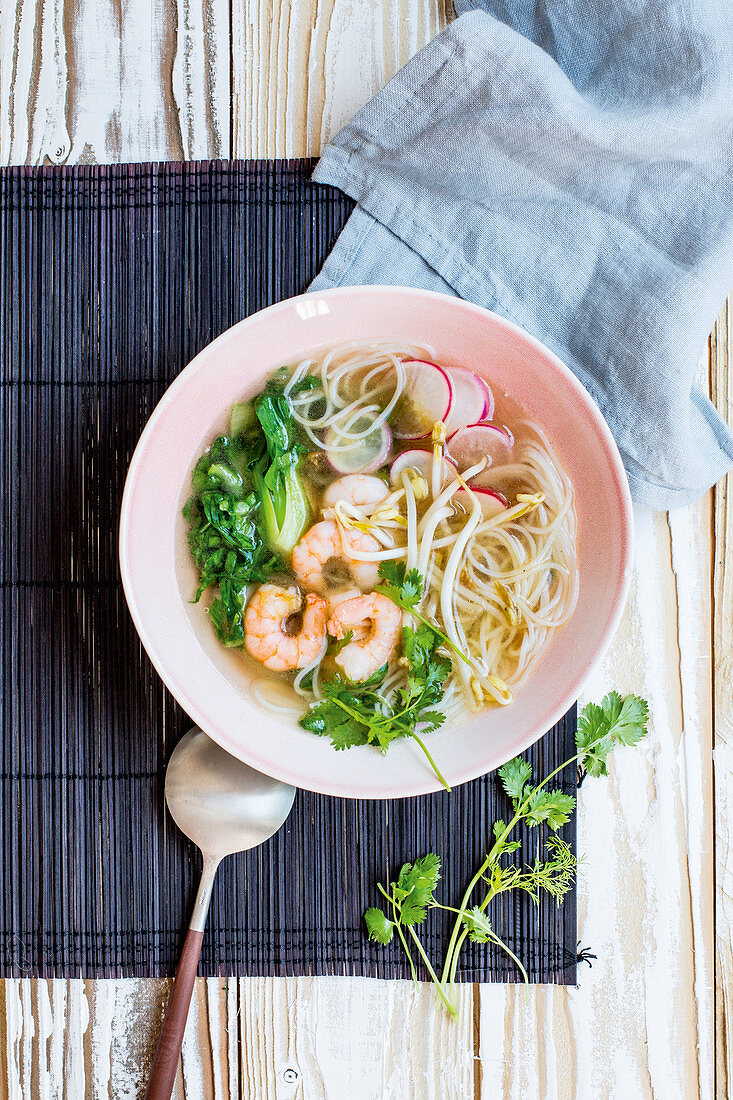 Asian noodle soup with radishes, pak choi and shrimp