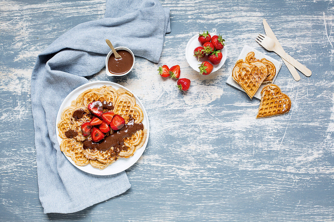 Quark waffles with chocolate cream and strawberries