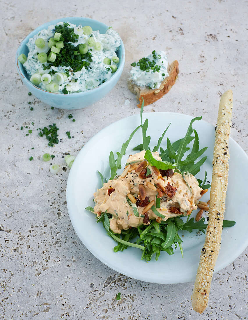 Cream cheese pesto spread and spring onion spread