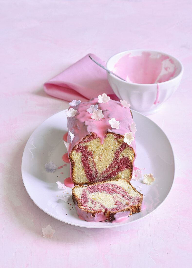 White and pink marble cake