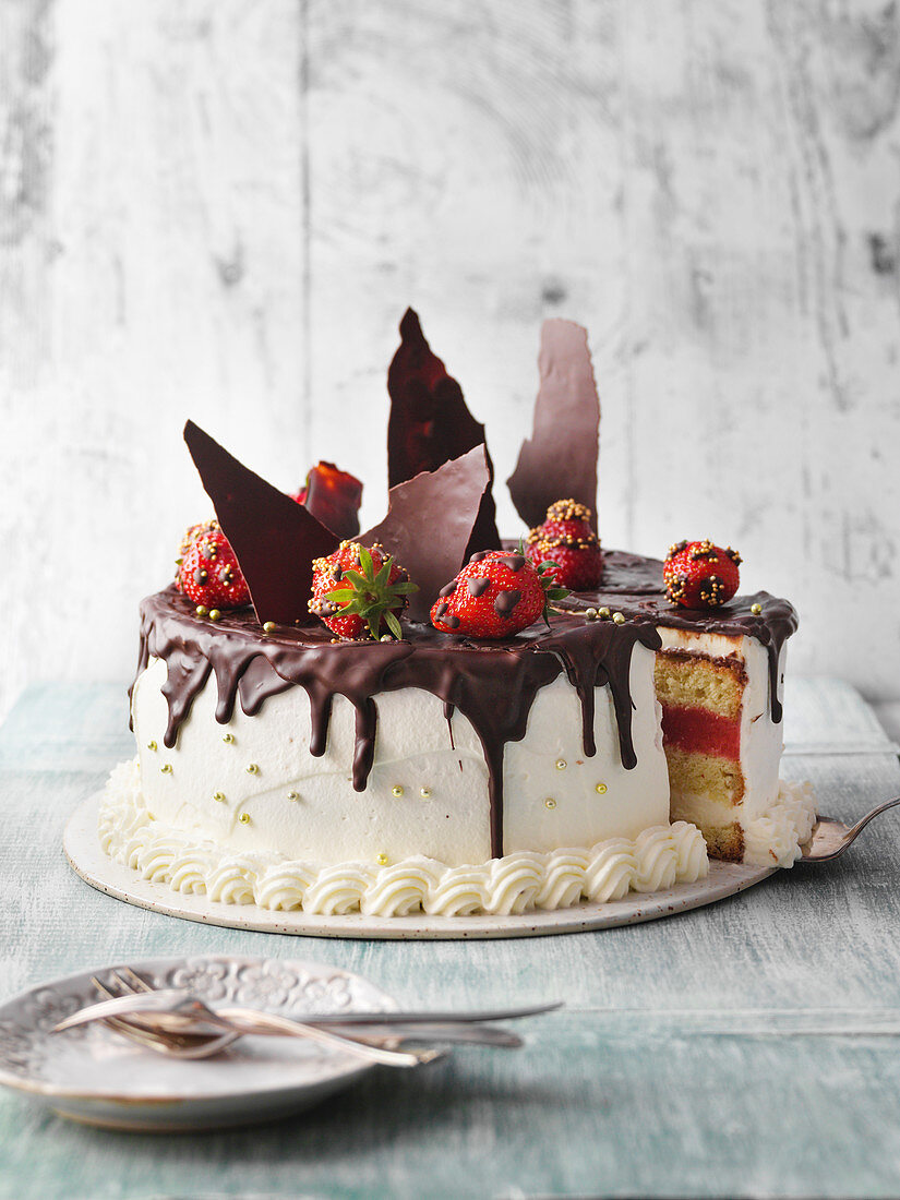 Strawberry tiramisu cake with chocolate shavings