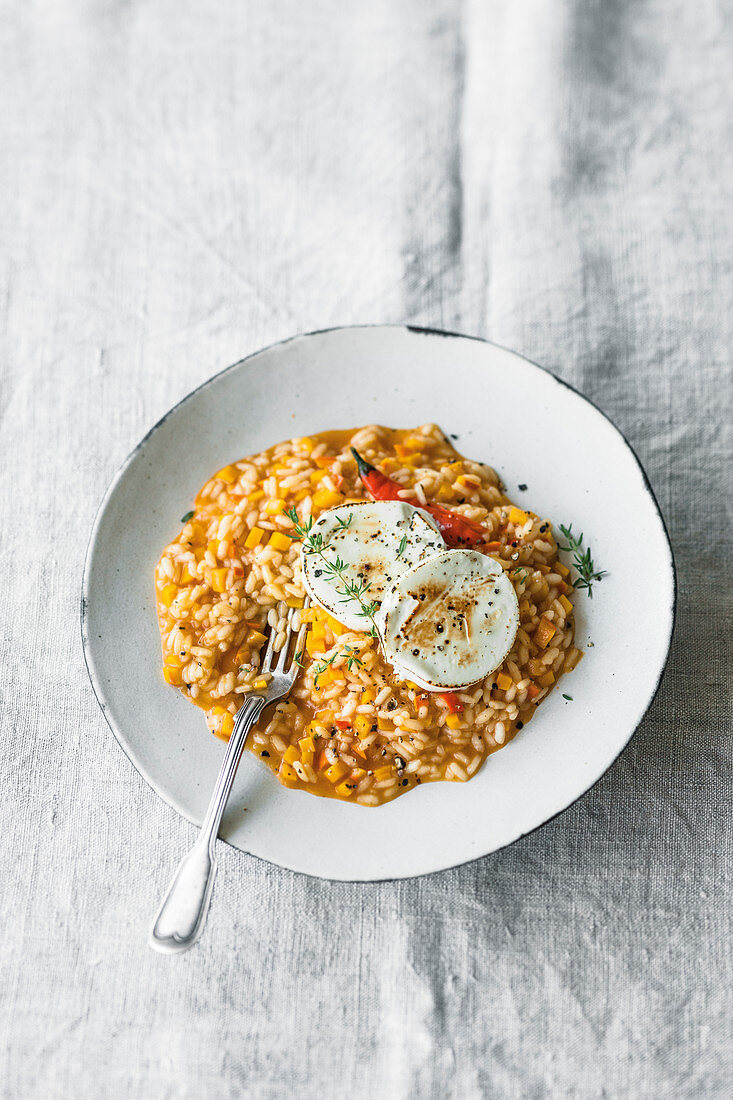 Pumpkin and chilli risotto with grilled goat's cheese