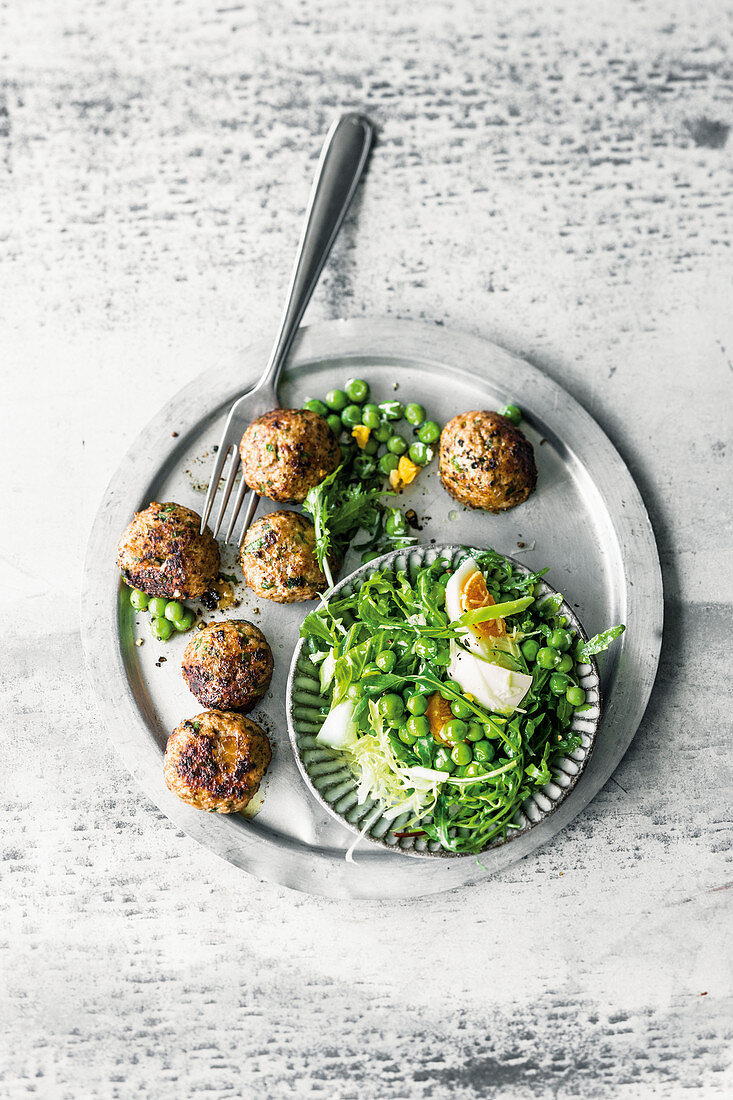 Polpetti with pecorino and pea salad