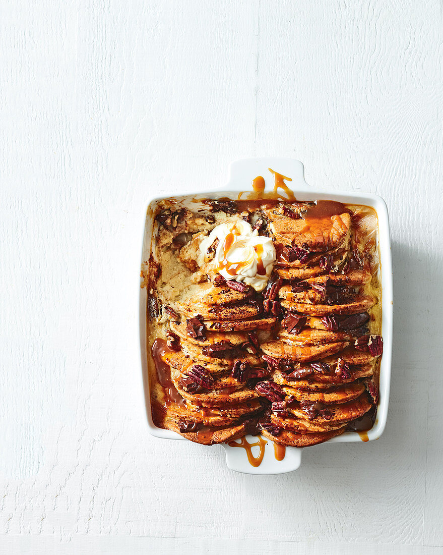 Chocolate, pecan and caramel pikelet pudding