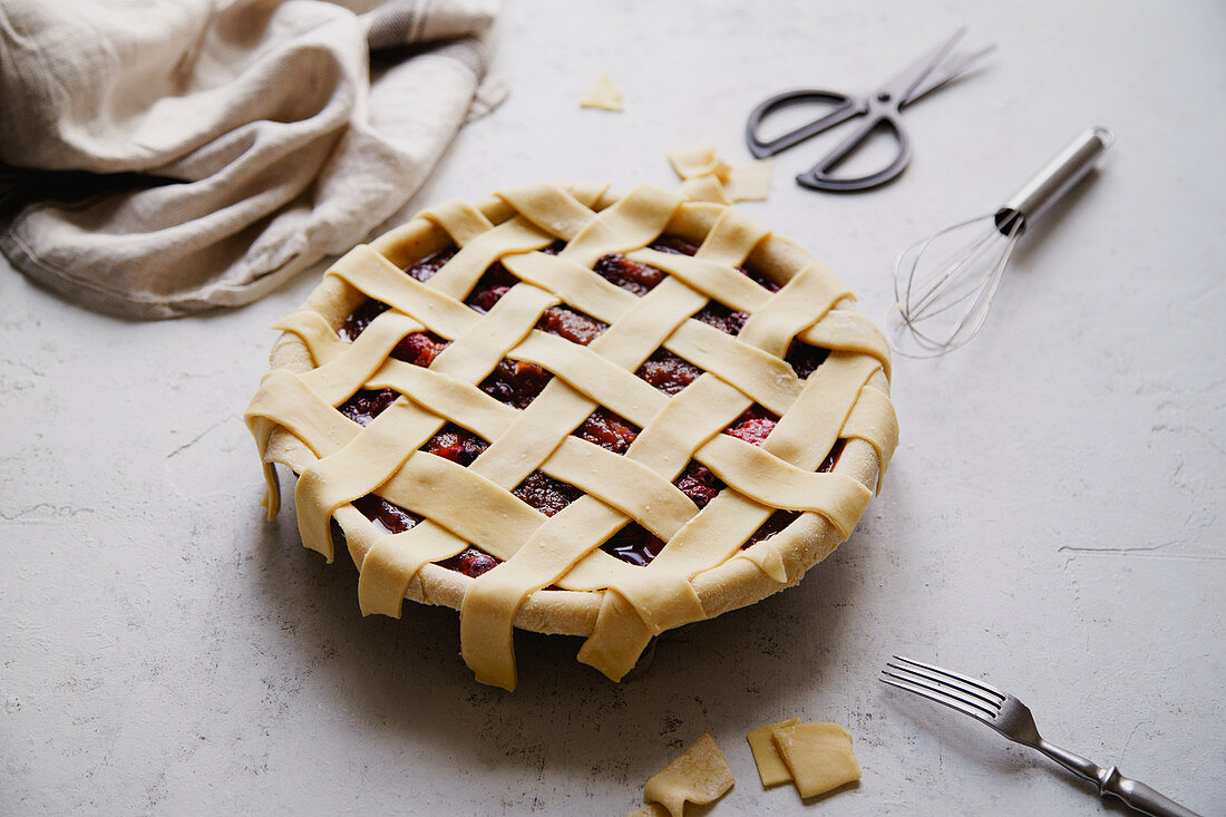 Uncooked berry pie with a lattice decoration on top