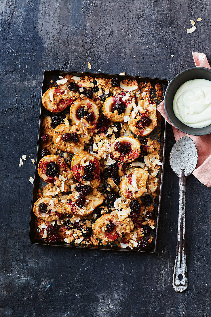 Pear and blackberry crumble tray bake with vanilla cheesecake cream