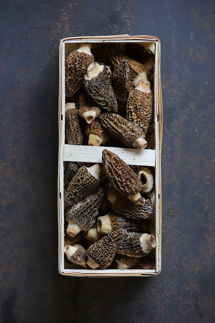 Morel mushrooms in a wooden basket