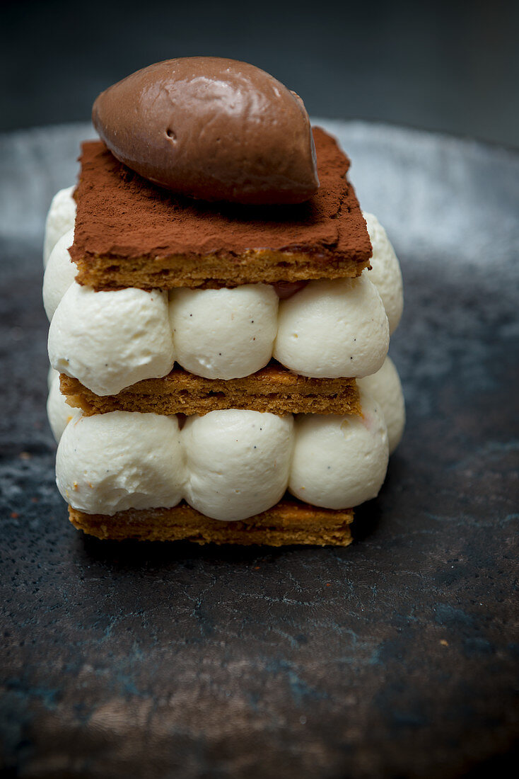 Mille Feuille of Milk Cheesecake and Cocoa Sorbet