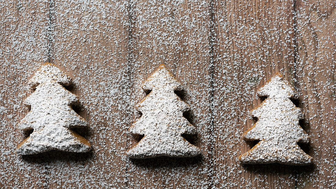 Gingerbread Christmas tree cookies dusted with icing powder