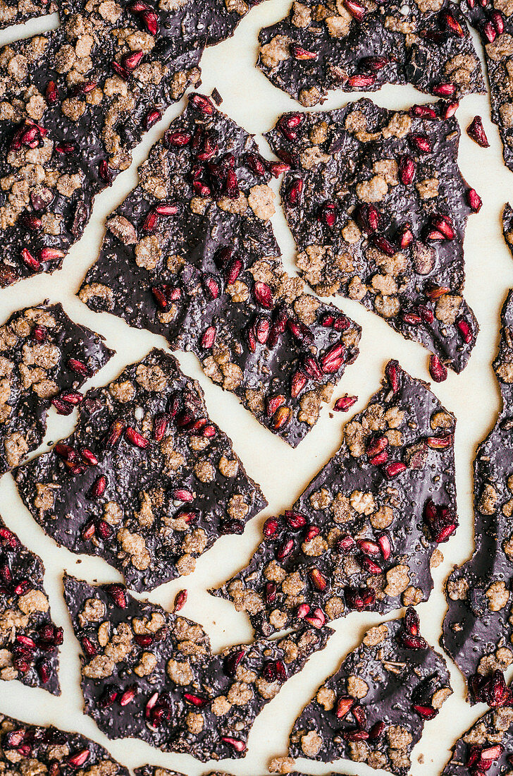 Raw chocolate bark with sorgum cereal and dried pomegranate