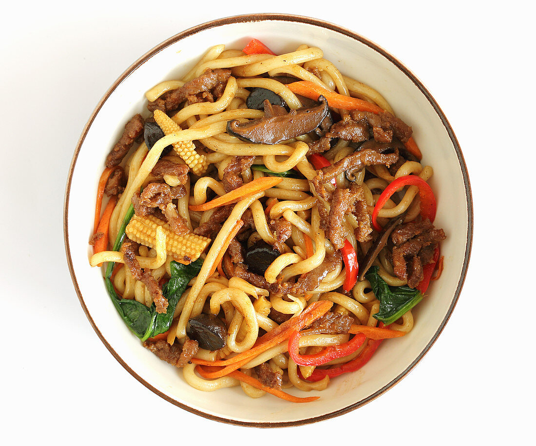 Noodles with beef, vegetables and corn cobs (Asia)