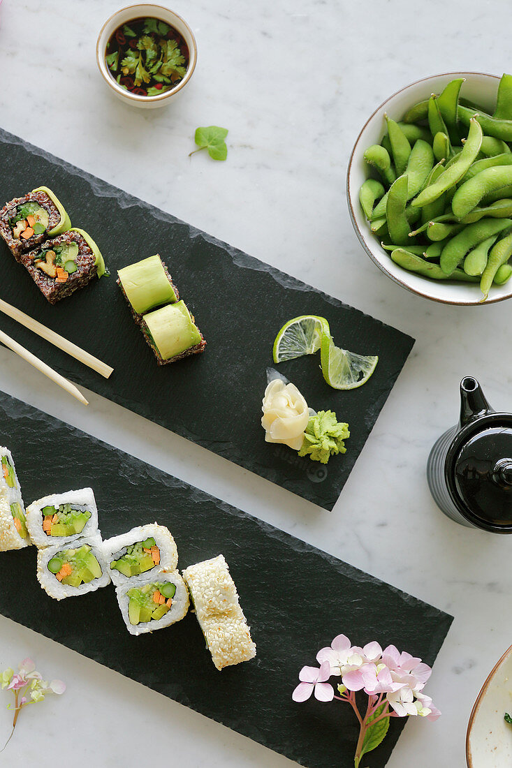 Various types of sushi with edamame