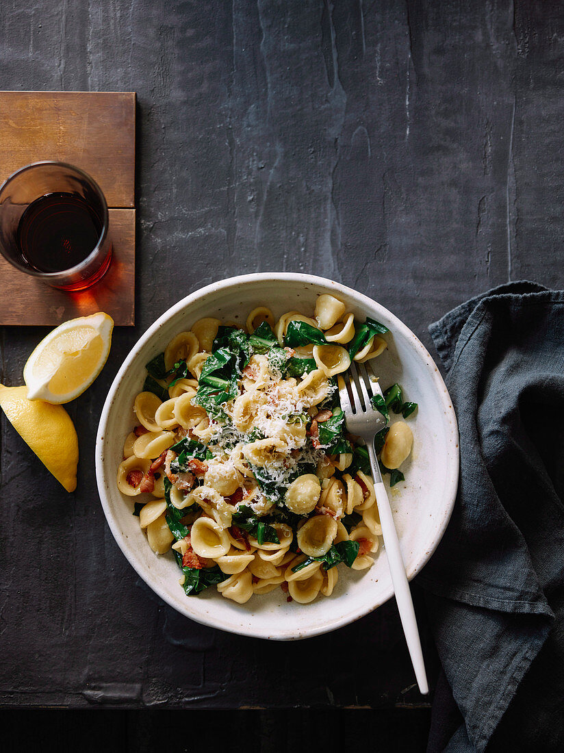 Orecchiette with turnip tops, bacon and lemon