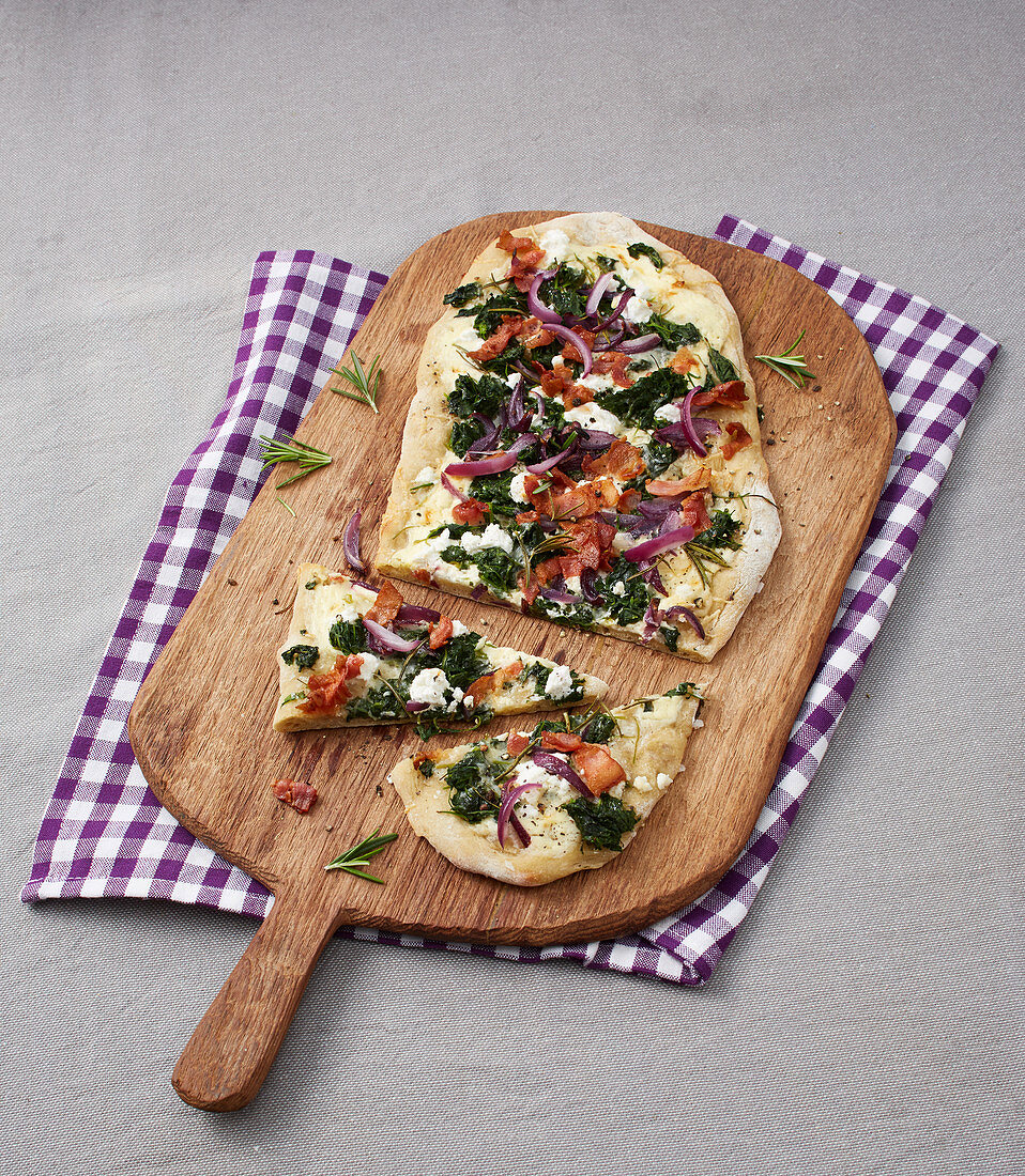 Kale tarte flambée with cheese and bacon