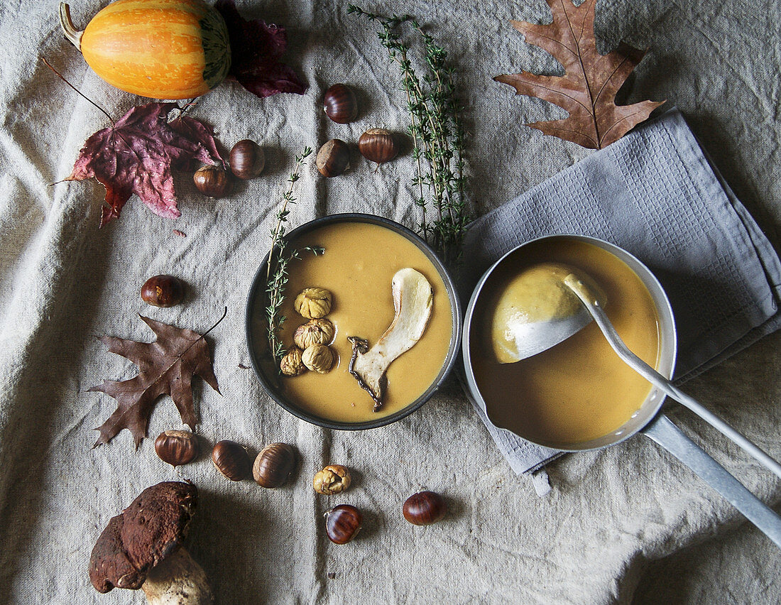 Pumpkin cream soup with sweet chestnuts and porcini mushrooms