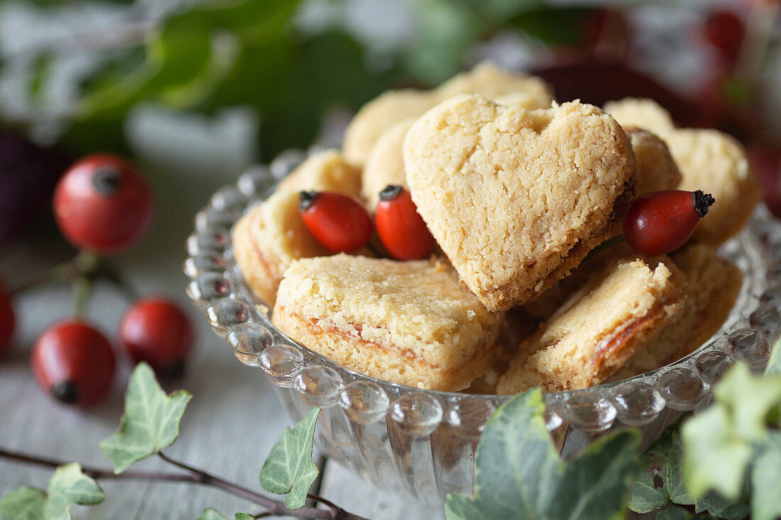 Heart shaped shortbread with rose hip jam