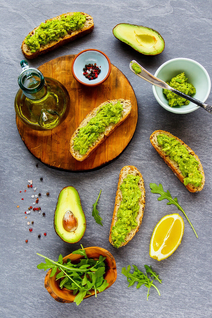 Good fats - avocado toasts and ingredients