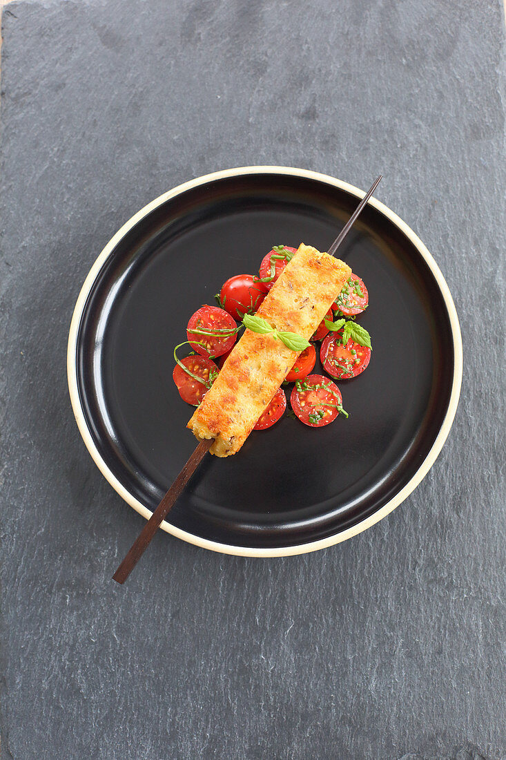 Caprese dumpling skewers with tomato salad