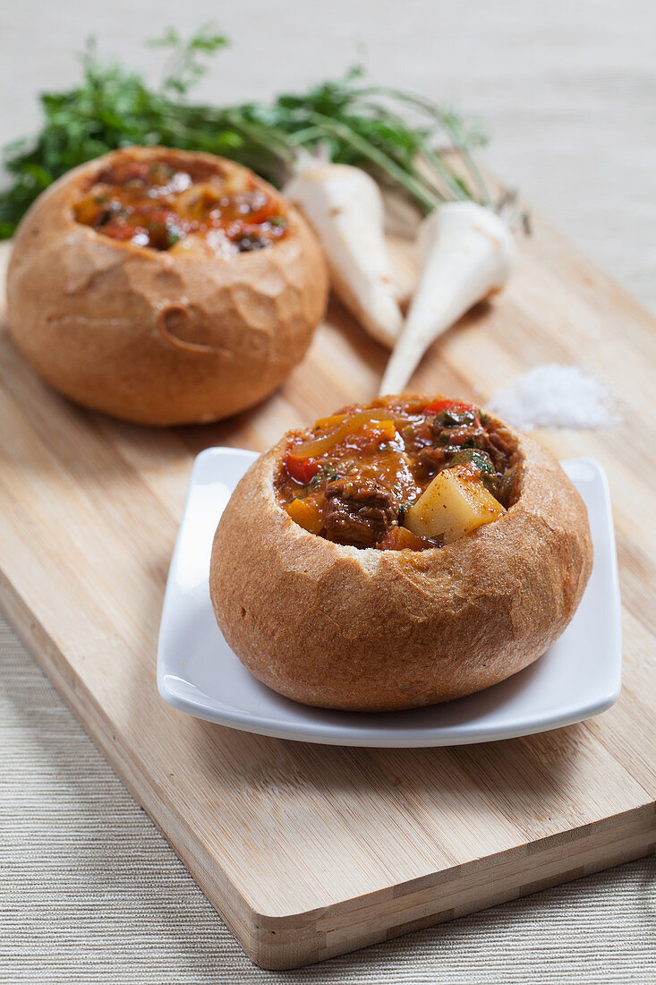 Goulash served in bread
