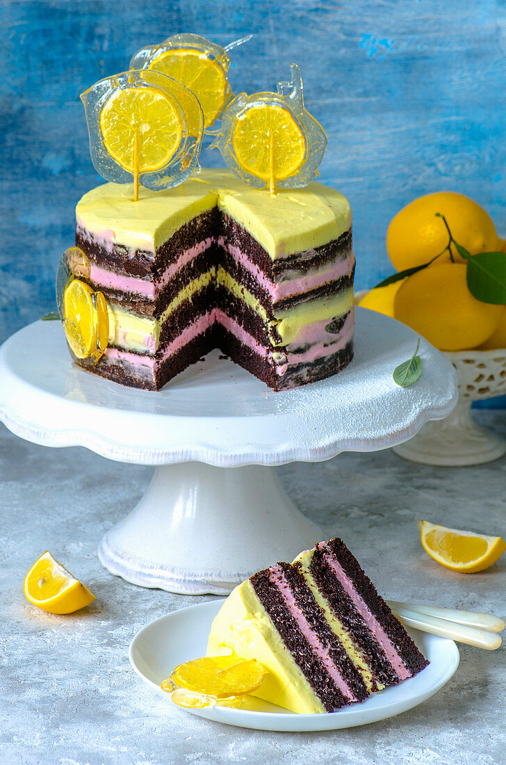 Chocolate naked cake with pink and yellow cream, decorated with candy with slices of lemons