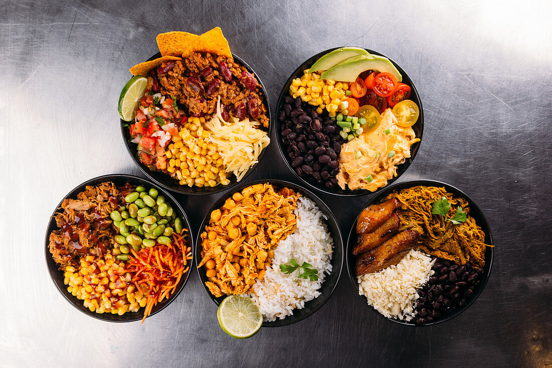 Five different Latin American bowls (seen from above)