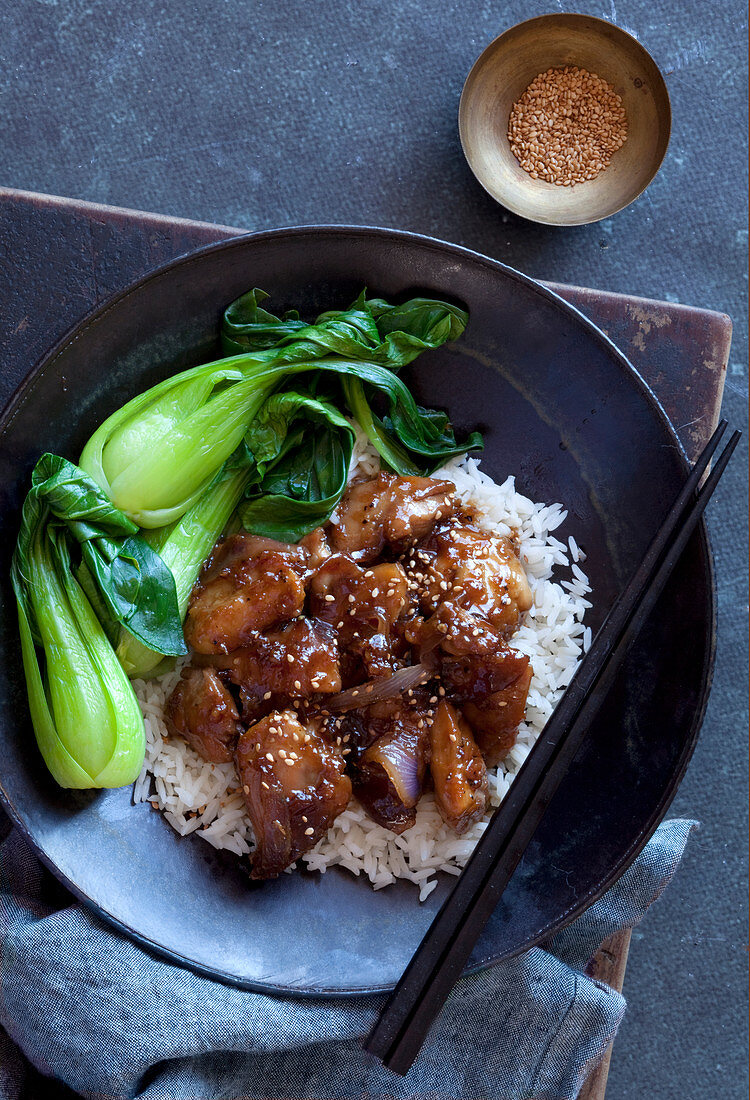 Caramel Chicken wit Rice and Asian greens