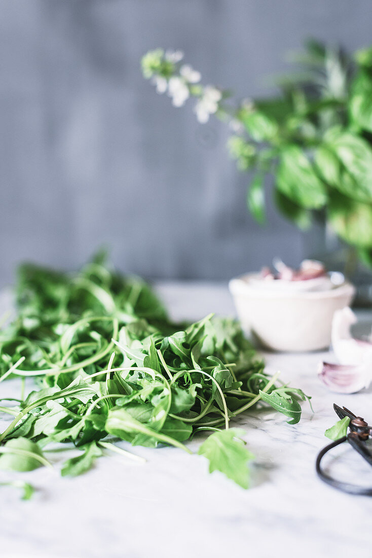 Fresh green rucula on marble table