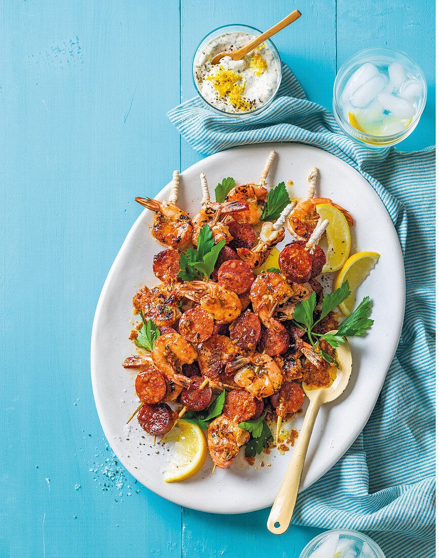 Spanish-style prawns with chorizo sausages