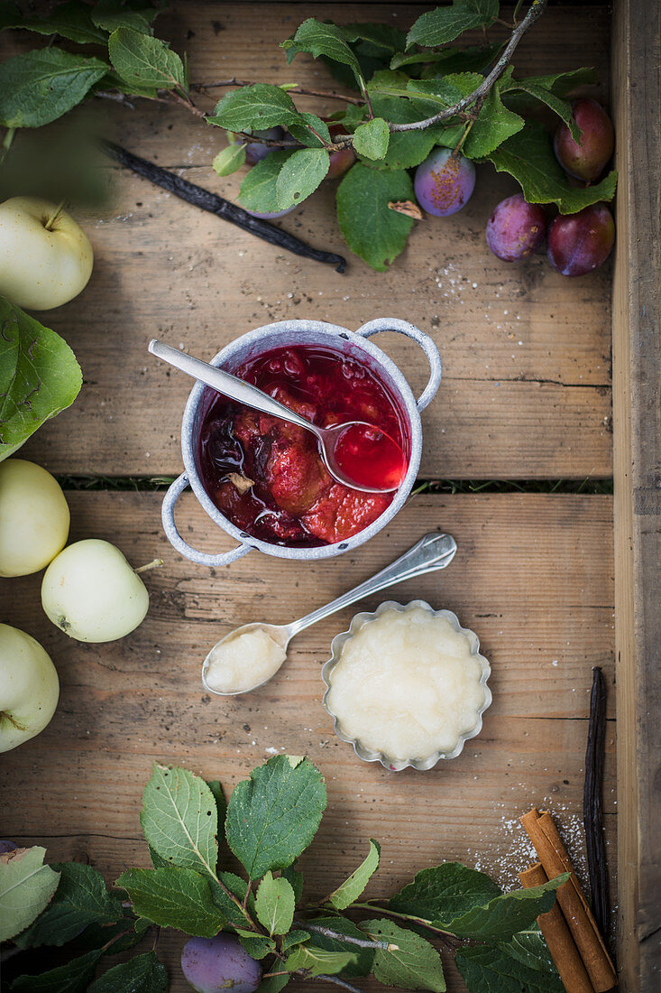 Plum compote and applesauce