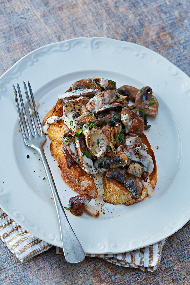 Toast with mushrooms and cream sauce
