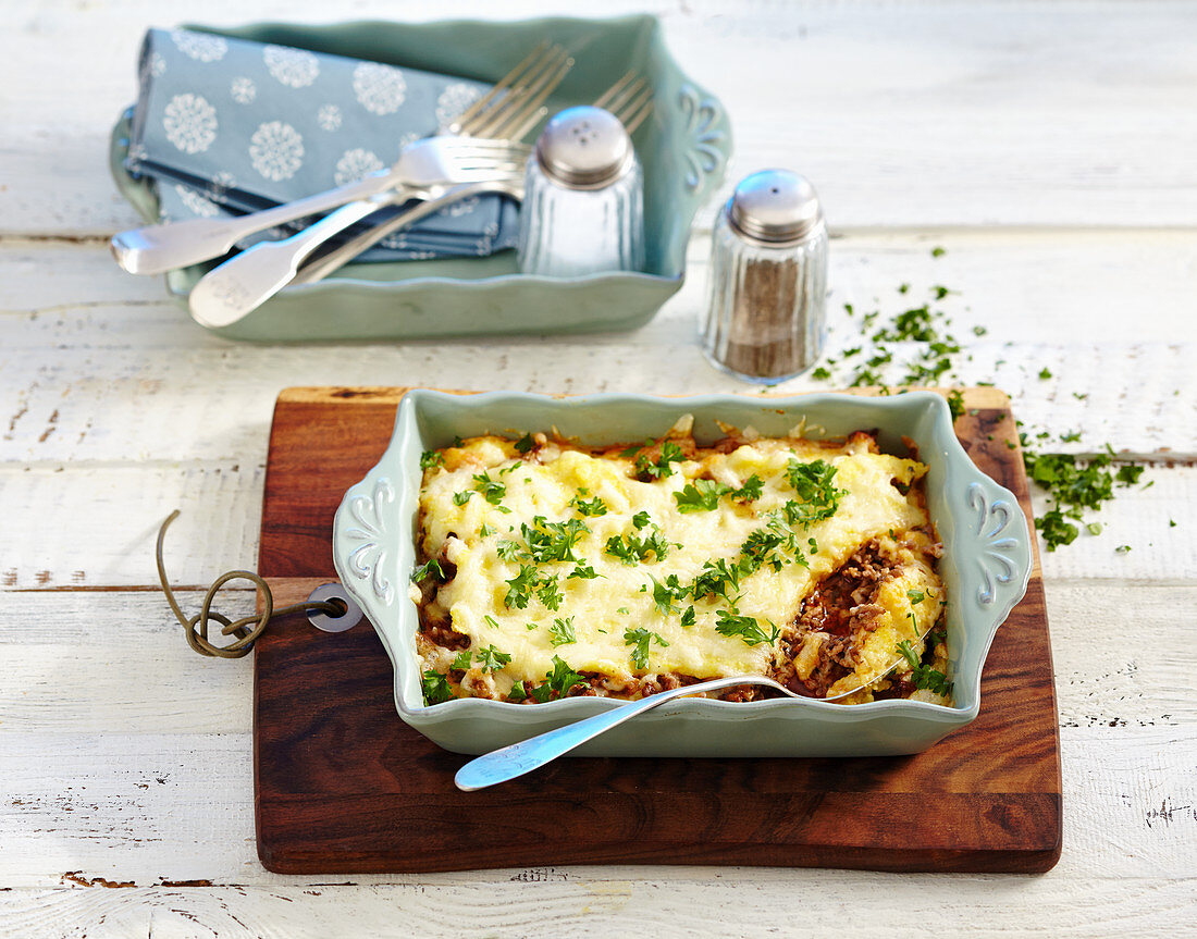 Ticino polenta minced meat gratin in a baking dish (Switzerland)