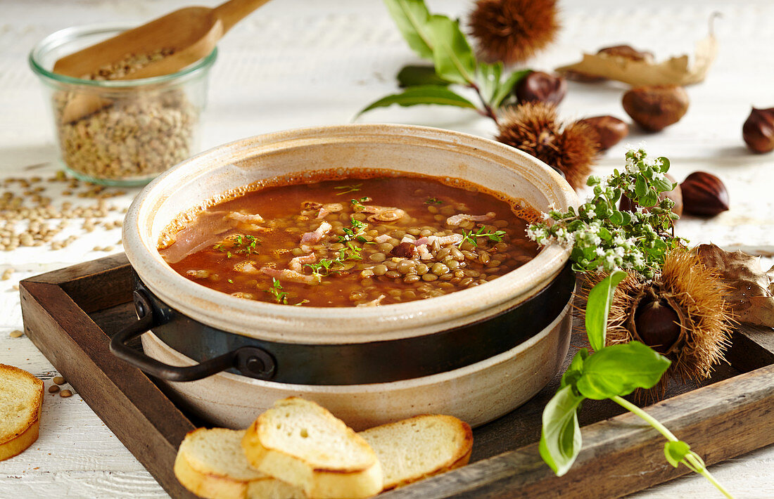 Swiss lentil soup with brown lentils and chestnuts (Switzerland)