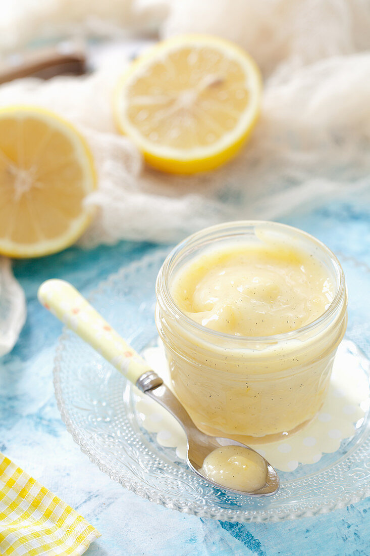 A Small Glass Pot of Lemon Curd with Vanilla