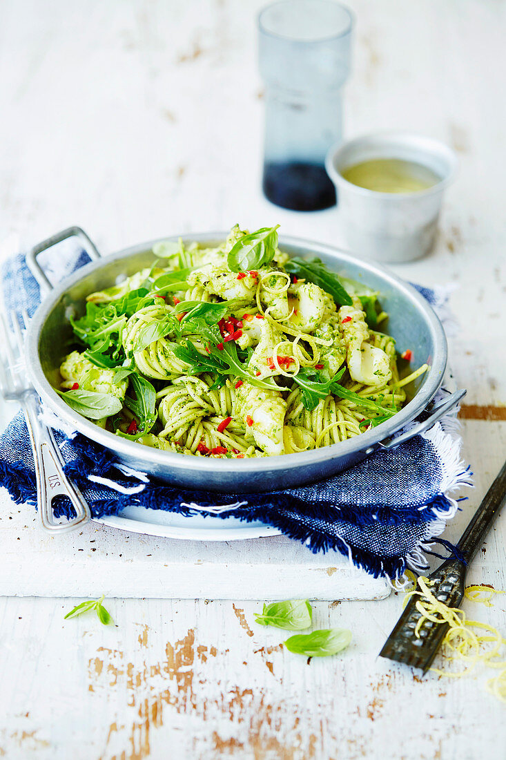 Chilli Squid Spaghetti with Zesty Rocket Pesto