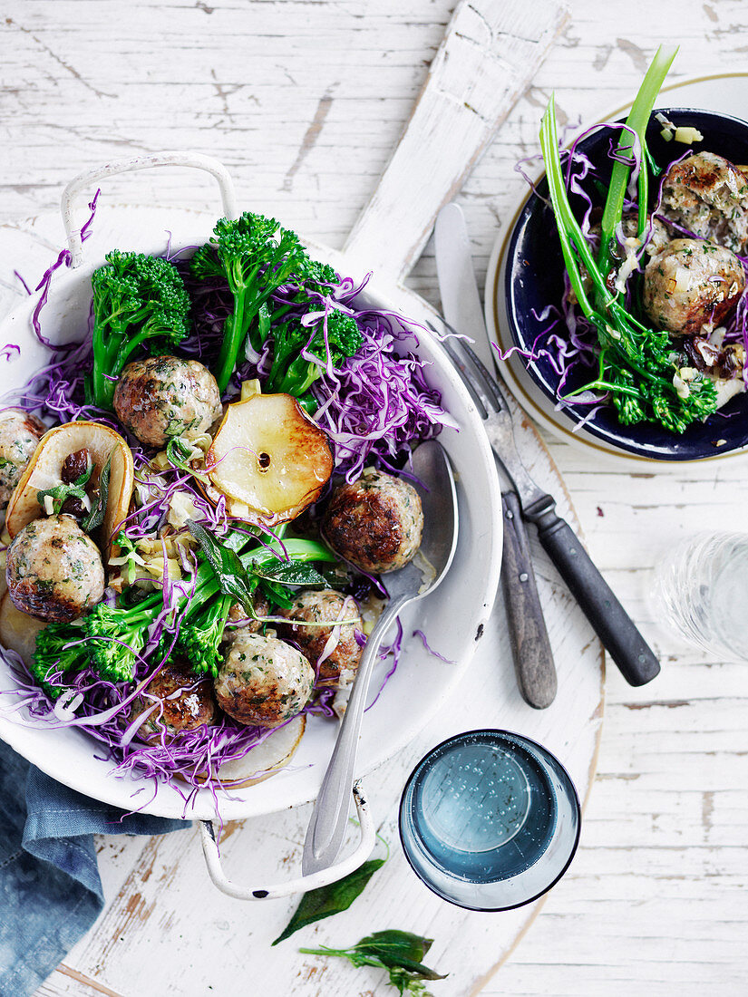 Chicken and Sage Meatballs with Cabbage and Pear