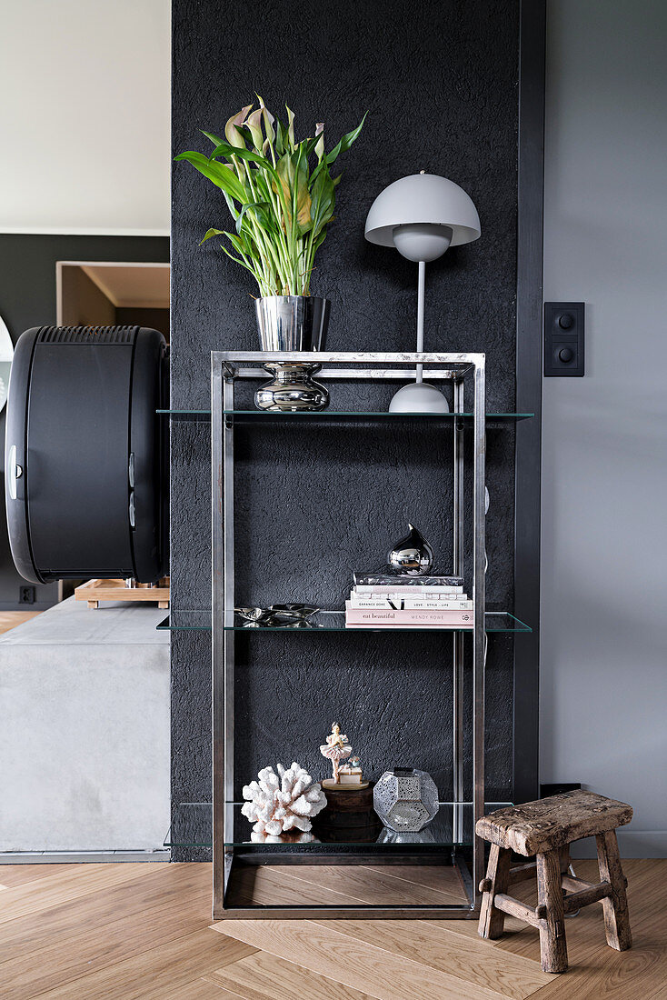 Ornaments and flowers on metal-framed glass shelves