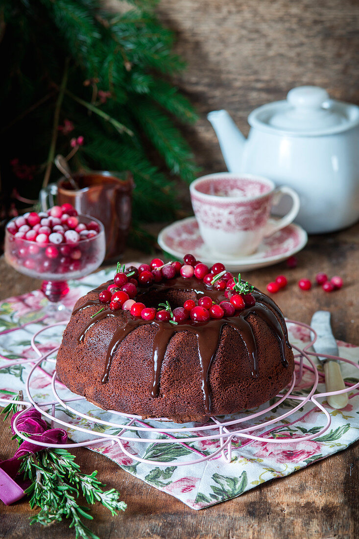 Chocolate bundt cake with cranberries