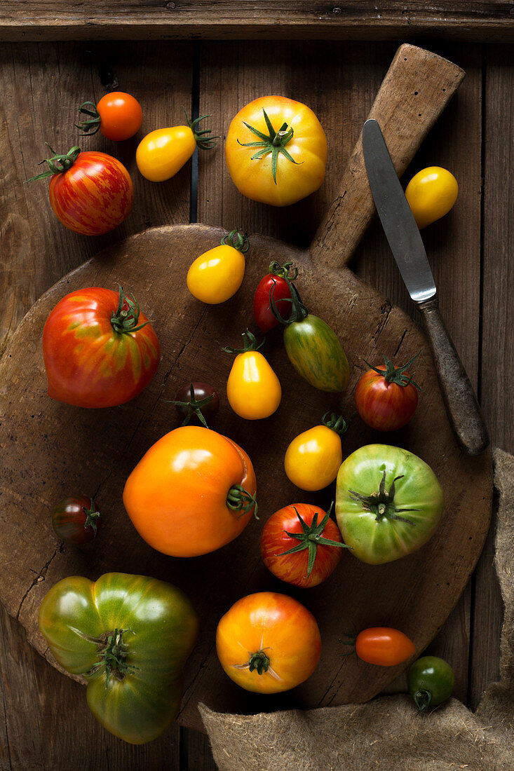 Several tomato varieties on an old wooden background