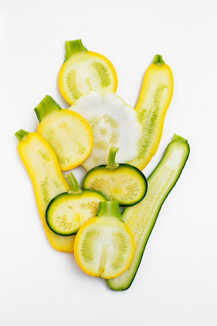 Various types of zucchini, sliced