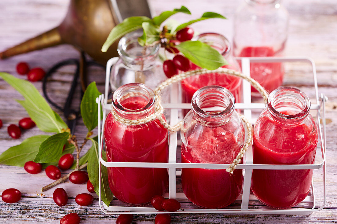 Several bottles of cornelian cherry juice