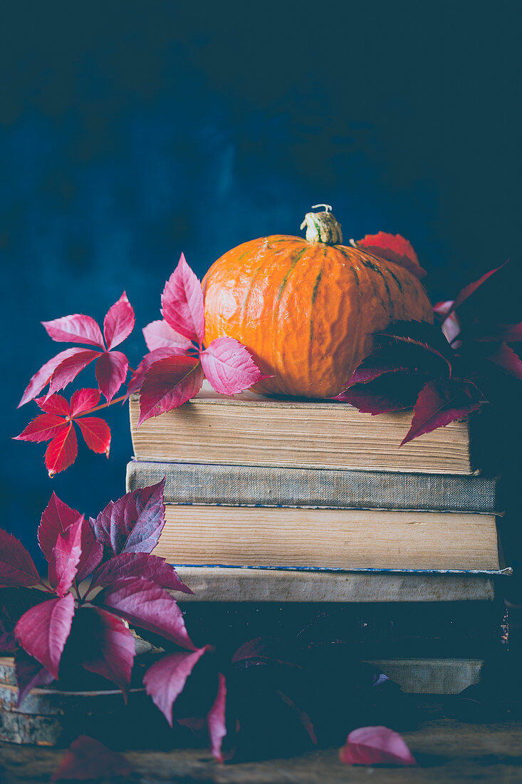 Kürbis und Herbstblätter auf Bücherstapel