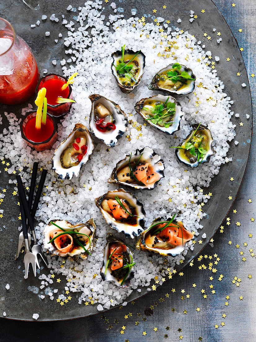 Bloody Mary Oyster Shots, Cucumberm Ginger and Sesame Oysters, Passionfruit and Lime Oysters