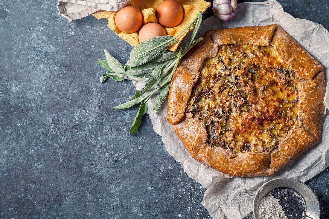 French styled leek and onion galette with sage and gruyere cheese