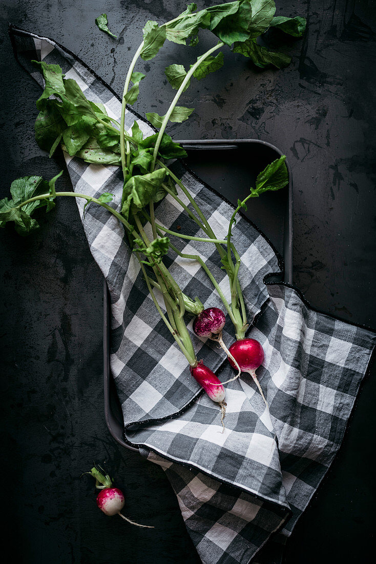 Ripe red radishes with green leaves