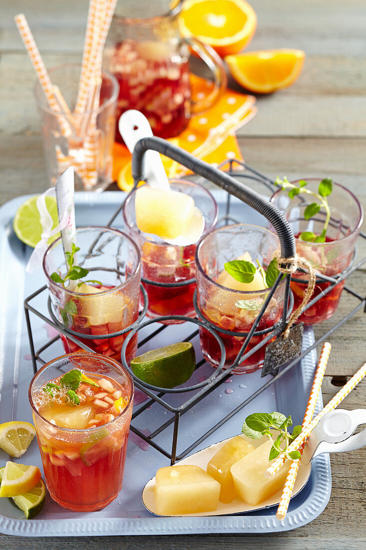 Sangria made with rosé wine and fruit served in glasses