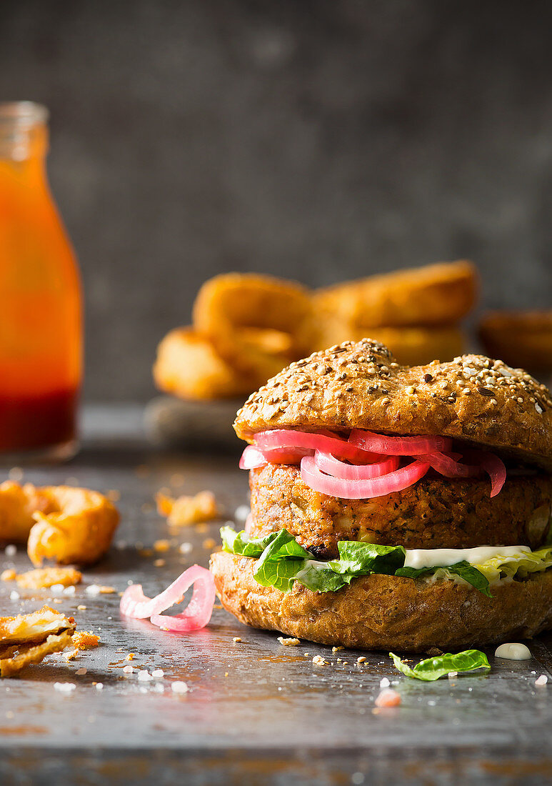 Veggie Vegan Burger made with cauliflower beans and pickled red onions