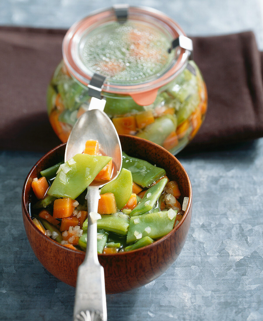 A sweet and sour bean medley with carrots, onions and wine vinegar