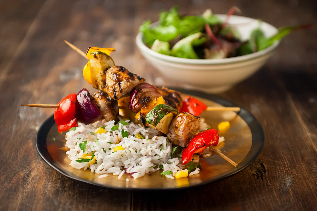 Chicken vegetable Kebabs with rice