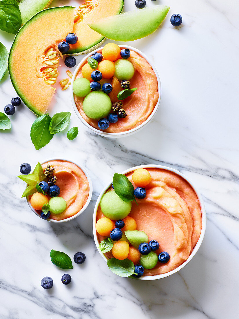 Breakfast bowl with melon and blueberries